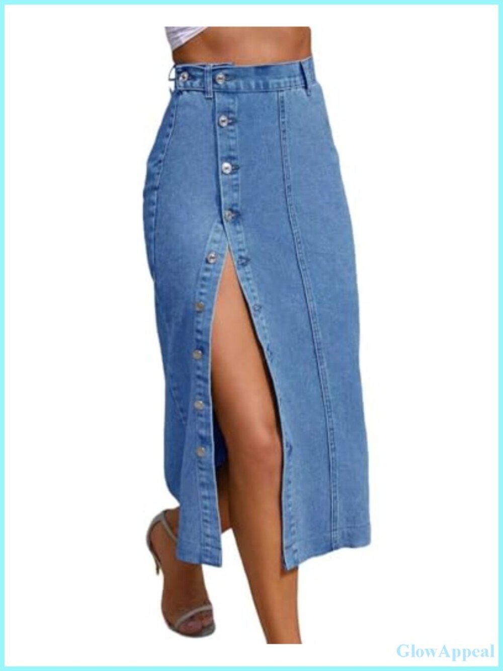 Womens Midi Denim Skirt High Waist A-Line Front Slit Button Front Stretch Cotton